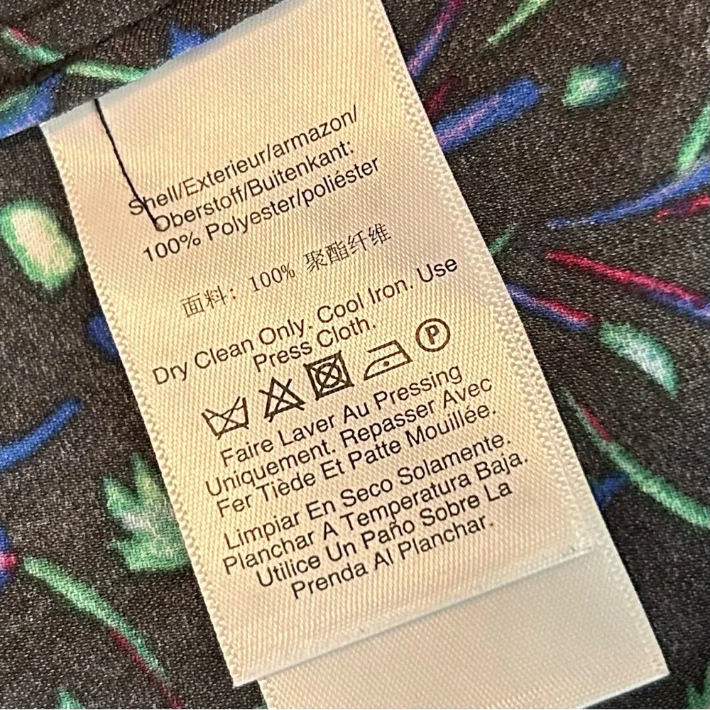 DKNY Belted Long Sleeve crepe de chine midi dress SZ 4 Black Multicolor Print - Picture 8 of 9